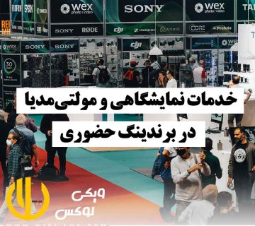 نمایشگاهی شلوغ که خدمات نمایشگاهی و استفاده از مولتی‌مدیا در برندینگ حضوری را نشان می‌دهد