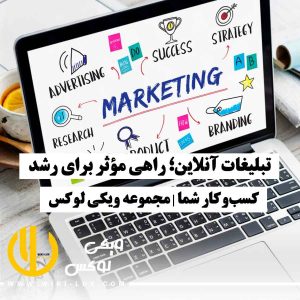 تبلیغات آنلاین؛ راهی مؤثر برای رشد کسبوکار شما | مجموعه ویکیلوکس لپتاپ با نمادهای تبلیغات آنلاین روی صفحه، نمایانگر تبلیغات دیجیتال برای رشد کسبوکار